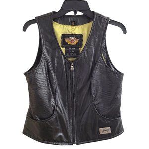 Harley Davidson Women's Black Leather Plain Back Zip Satin Lined Vest Size Small